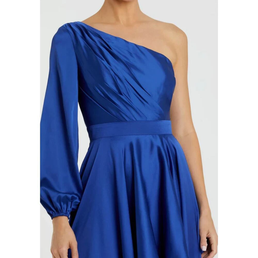 New Tags Ieena Mac Duggal Dark Blue One Shoulder Satin Hi Low Gown Sz 4 - Picture 2 of 16